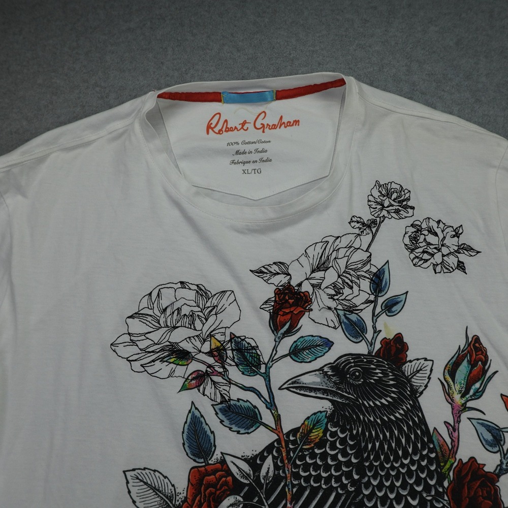 Robert Graham Shirt Mens XL White Gothic Graphic Skull Crow Roses Tee - Picture 2 of 14